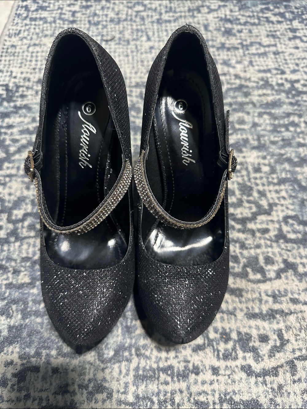 Black Glitter Mary Jane Heels with Rhinestone Strap